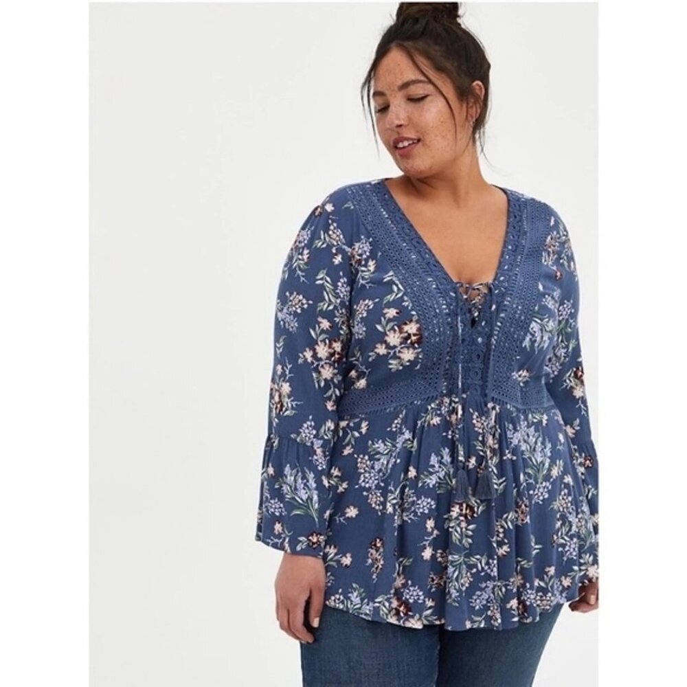 Torrid Vintage Indigo Blue Floral Gauze Lace Up Babydoll‎ Long Sleeve Blouse 1X